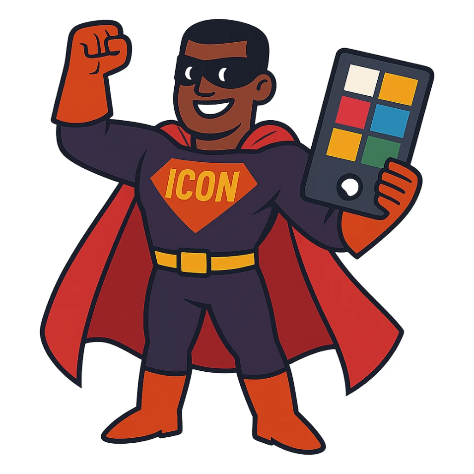 superhero character named Icon with a graphic designer theme sticker