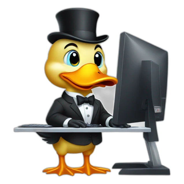 A Duffy Duck (like the one in the cartoon), dressed in a formal suit, using a computer to trade stocks with many monitors sticker