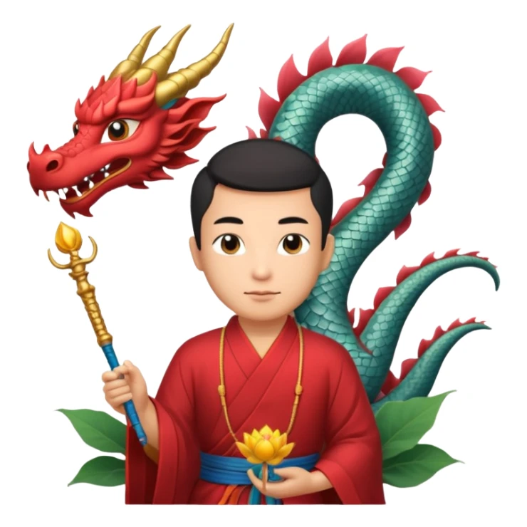 man with asian dragon, scepter, buddhism, lotus sticker