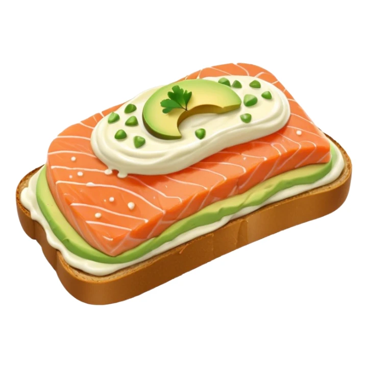 salmon open toast with white sauce and avocado sticker