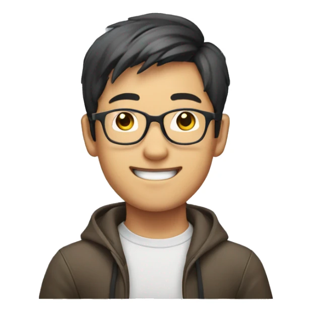 smiling young asian man who wearing glasses putting hands up sticker