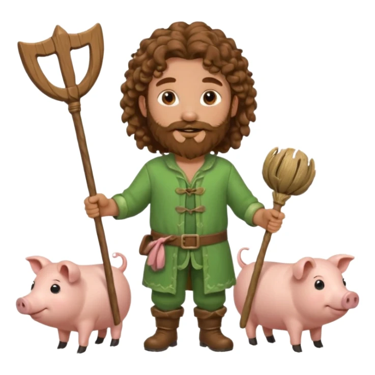 happy young shepard with long curly brown beard and long curly brown hair, in green magical outfit, with wooden shepard stick in hands, taking care of pigs sticker
