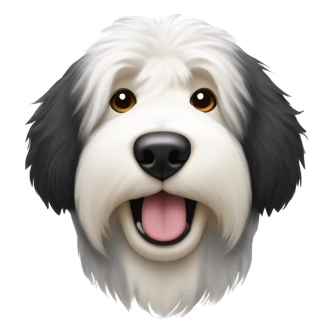 Old English sheepdog with a half and half face like a black (right side) and white (left side) cookie sticker
