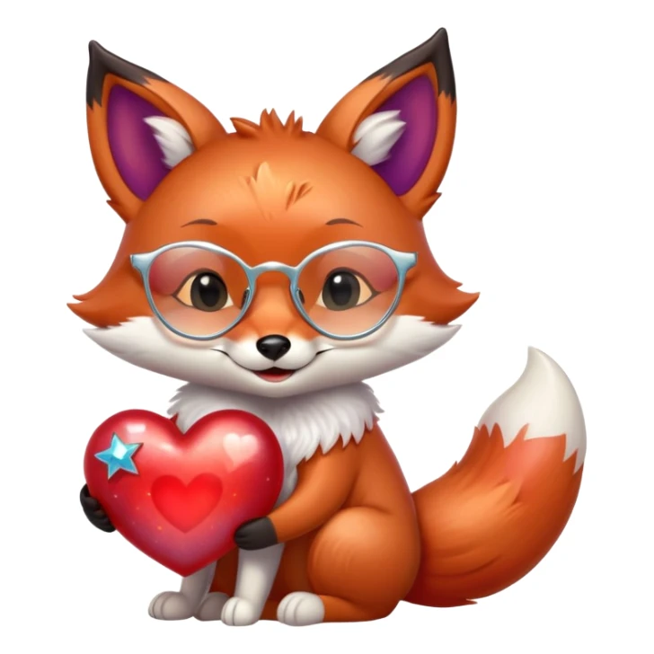 A dreamy fox with iridescent fur, a glowing tail, a silver star on its forehead, and round glasses, hugging a big red heart and smiling warmly sticker