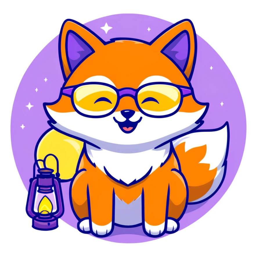 magical fox with purple and blue fur, glowing tail, star on forehead, round glasses, tiny lantern, laughing joyfully sticker