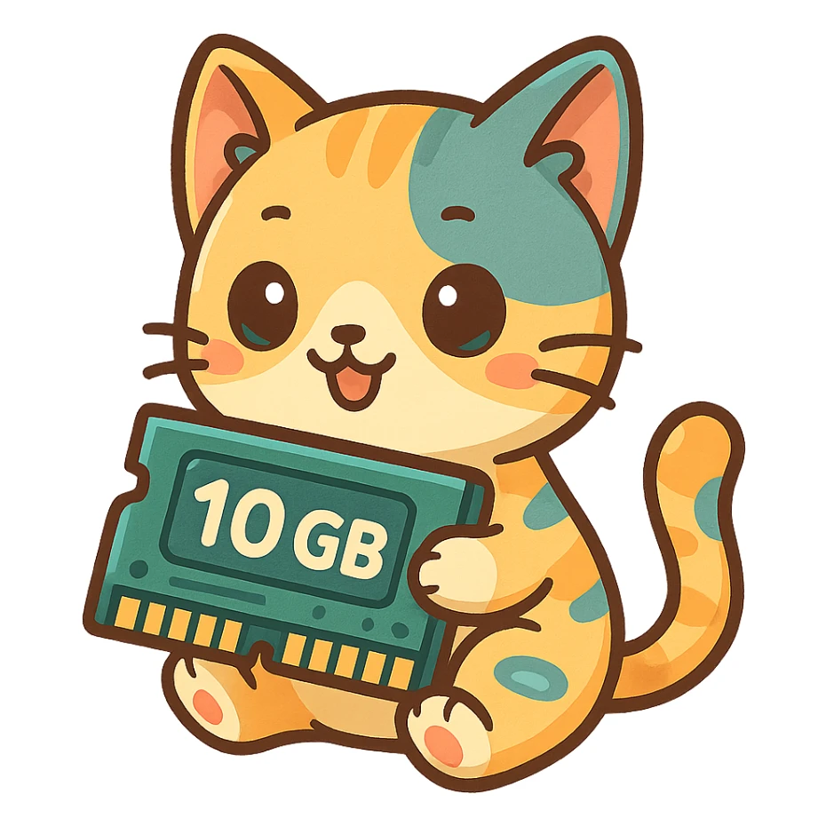 a cat with a memory chip labeled '10 GB' in a playful tech style, cute and colorful cartoon illustration sticker