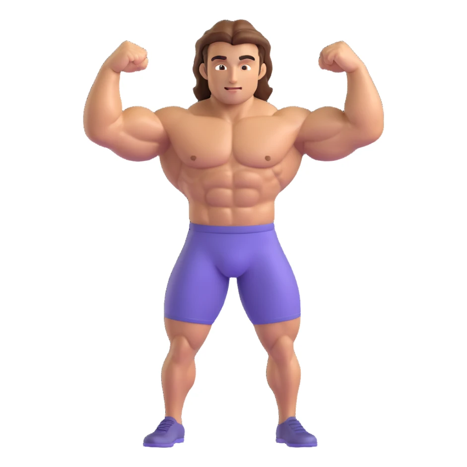 Make a man with hair flexing muscles emoji that looks exactly like the reference image, in iOS emoji style. 3D, shiny, smooth gradients, soft shadows, muscular body, expressive face, and hair. Add a subtle highlight to the muscles. sticker