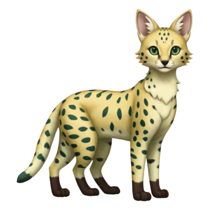 Epic complex detailed dark-hunter-green dark-brown beige pastel realistic aesthetic-scenic-Fakémon-Sprigatito-Floragato-Meowscarada-Trico-Sergal-Serval-Vernid-creature (full body) sticker