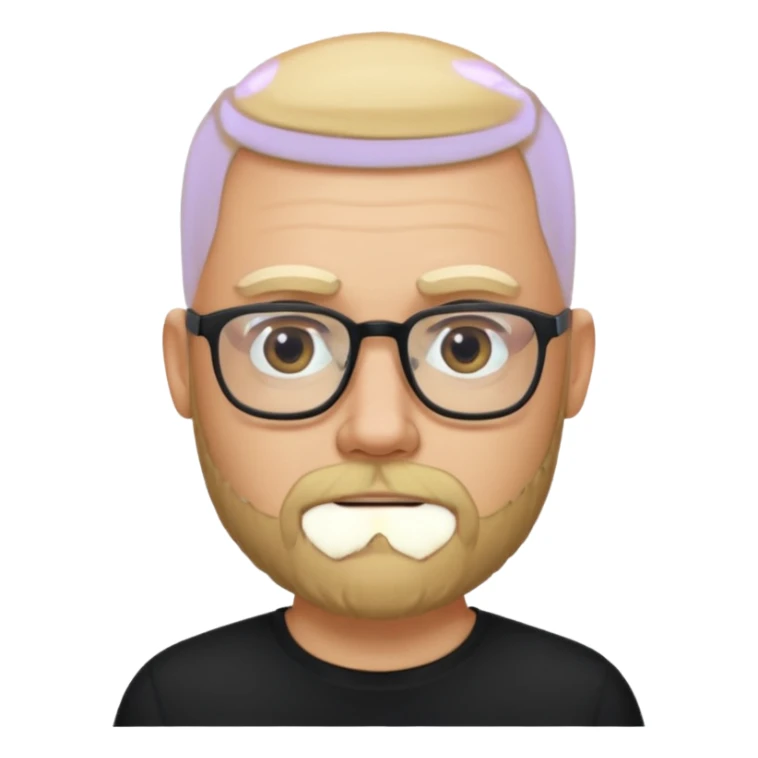 bald blonde bearded man with eyeglasses with black shirt sticker