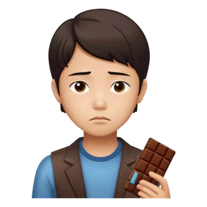 A young Asian dieter with a gloomy expression, thinking of chocolate sticker