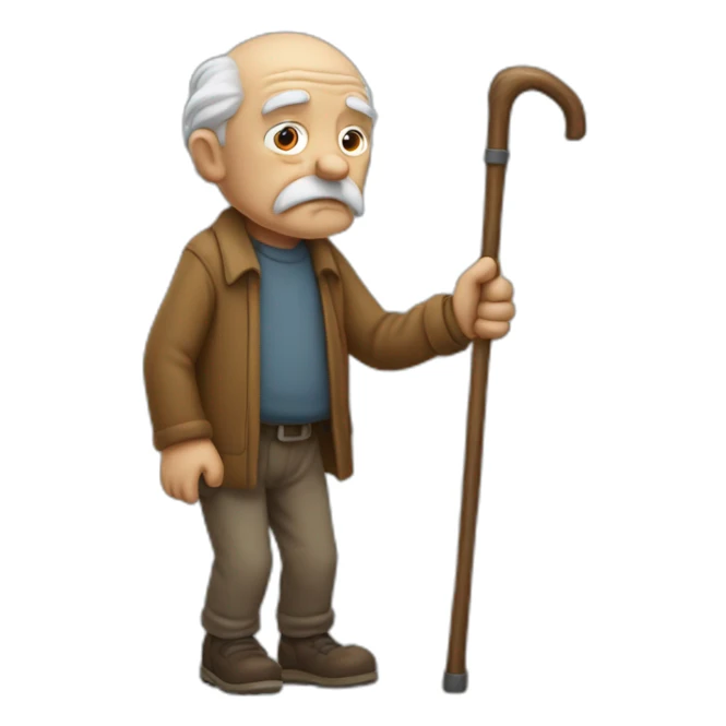 Old man leaning on a walking cane and holding his back with his hand grumpy face, detailed sticker