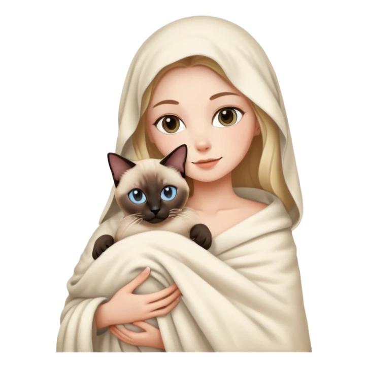 A white girl wrapped in a blanket holding a Siamese cat sticker