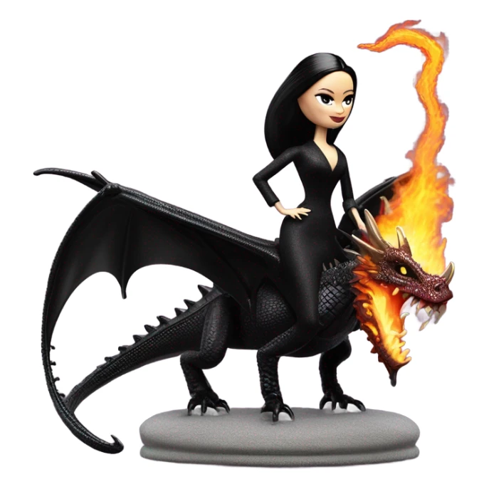 Victorian evening dressed, Morticia Addams Barbie Jedi wearing a mini tiara, riding on the back of a very large black shiny evil-looking fire-spewing horned dragon sticker