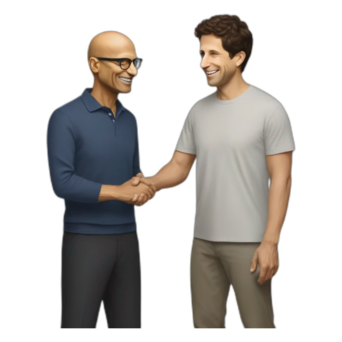 satya nadella microsoft CEO giving bro hanshake to sam altman openai sticker