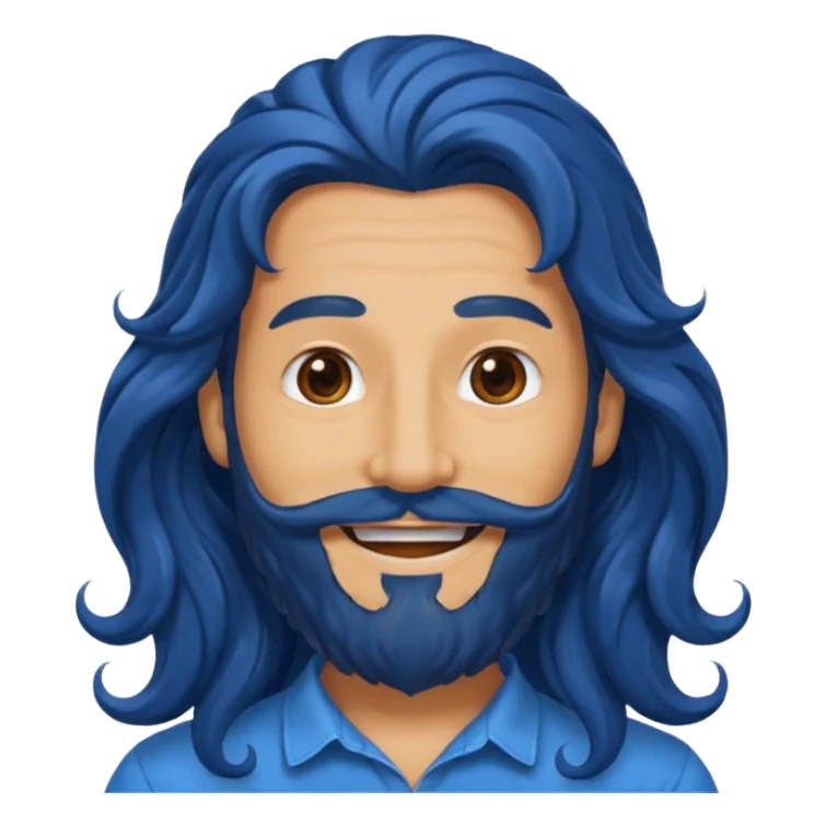 male with long blue wavy hair and black beard, smiling sticker