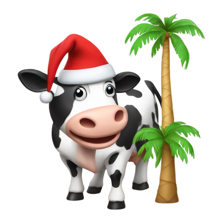 a cow riding a palm tree in a santa hat sticker