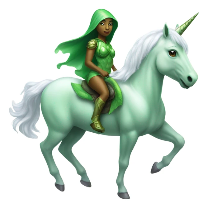 a green amazon alien woman on a four-legged white unicorn sticker