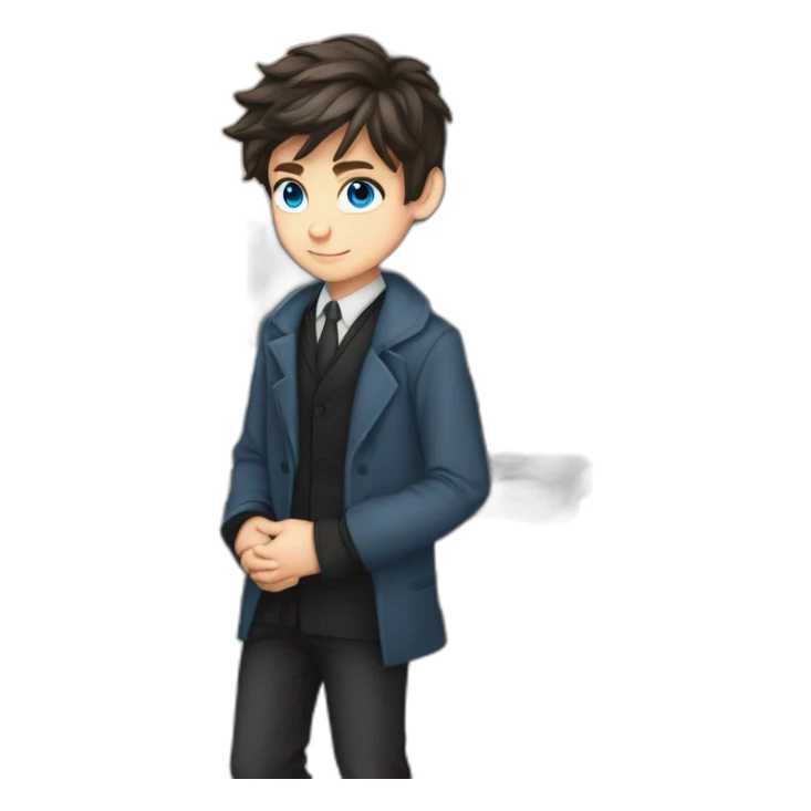 Blue eyes, Classy programmer, 13 years old, coat, formal outfit, pc in hands, brunette boy, uses pc stays on pc, black coat, has pc in hands, all body see sticker