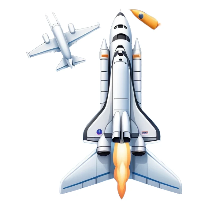 An icon featuring a space shuttle and an airplane against a starry sky, symbolizing aerospace technology. The design includes rocket boosters and satellite orbits, representing the exploration of space and advanced aviation. Transparent background sticker