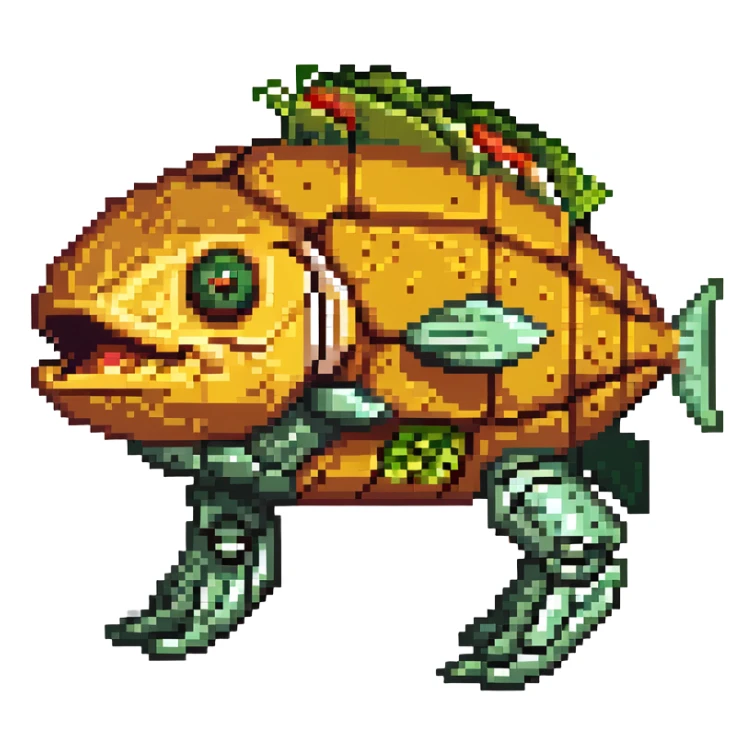 a cyborg robotic salmon who's torso is made from a filled crunchy taco, with lettuce salsa meat and cheese. he is fish taco bot man his face and head, tail, and fins are metallic robotic construction, he has a slit visor across his face where his eyes should be like cyclops sticker