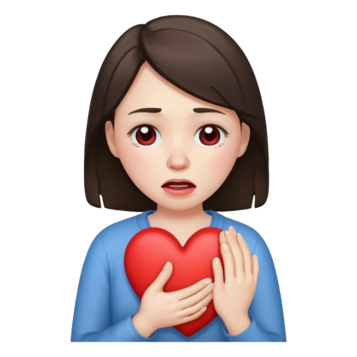 A brunette woman crying and holding a heart  sticker