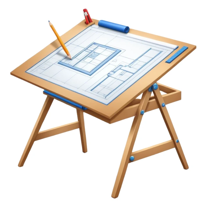 Sleek icon for Architecture: engineer's drawing board with blueprints 3D model of the building,  pencil, architect's easel, rulers and protractor. Transparent background. sticker