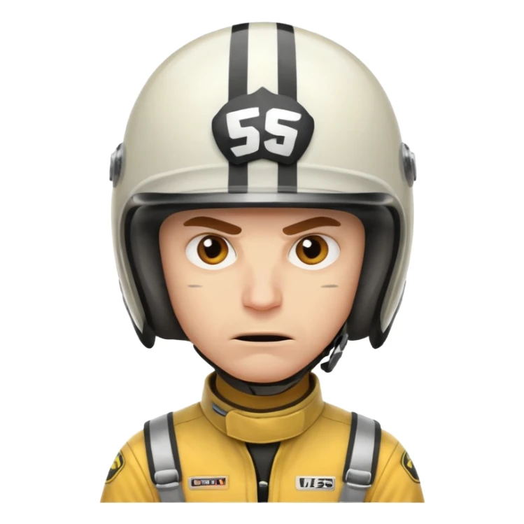 white male racer in helmet, crazy look, taking risks, very serious face, angry sticker