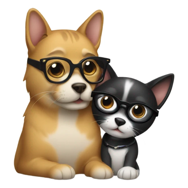 a cat in black glasses hugs a dog in black glasses sticker