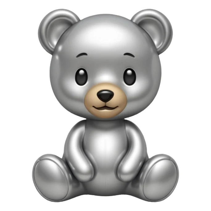 A cute teddy bear emoji made of liquid silver chrome, smooth rounded body, glossy metallic surface, soft reflections, friendly proportions, iOS emoji style, centered, clean white background sticker