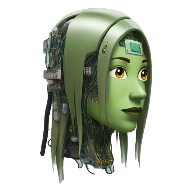 Olive green long hair female cyborg head with circuits sticker