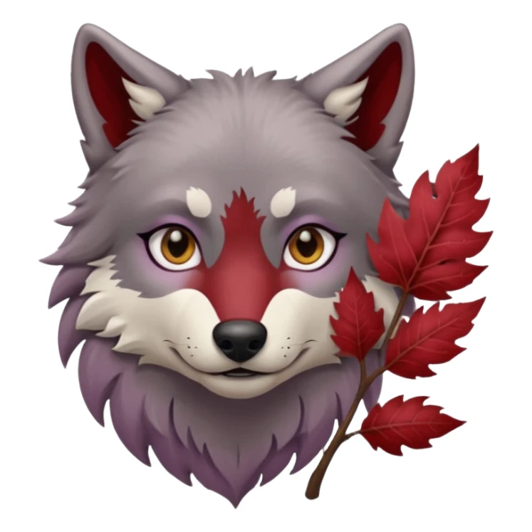 A wolf with lilac gray eyes and holding a weirwood leaf sticker