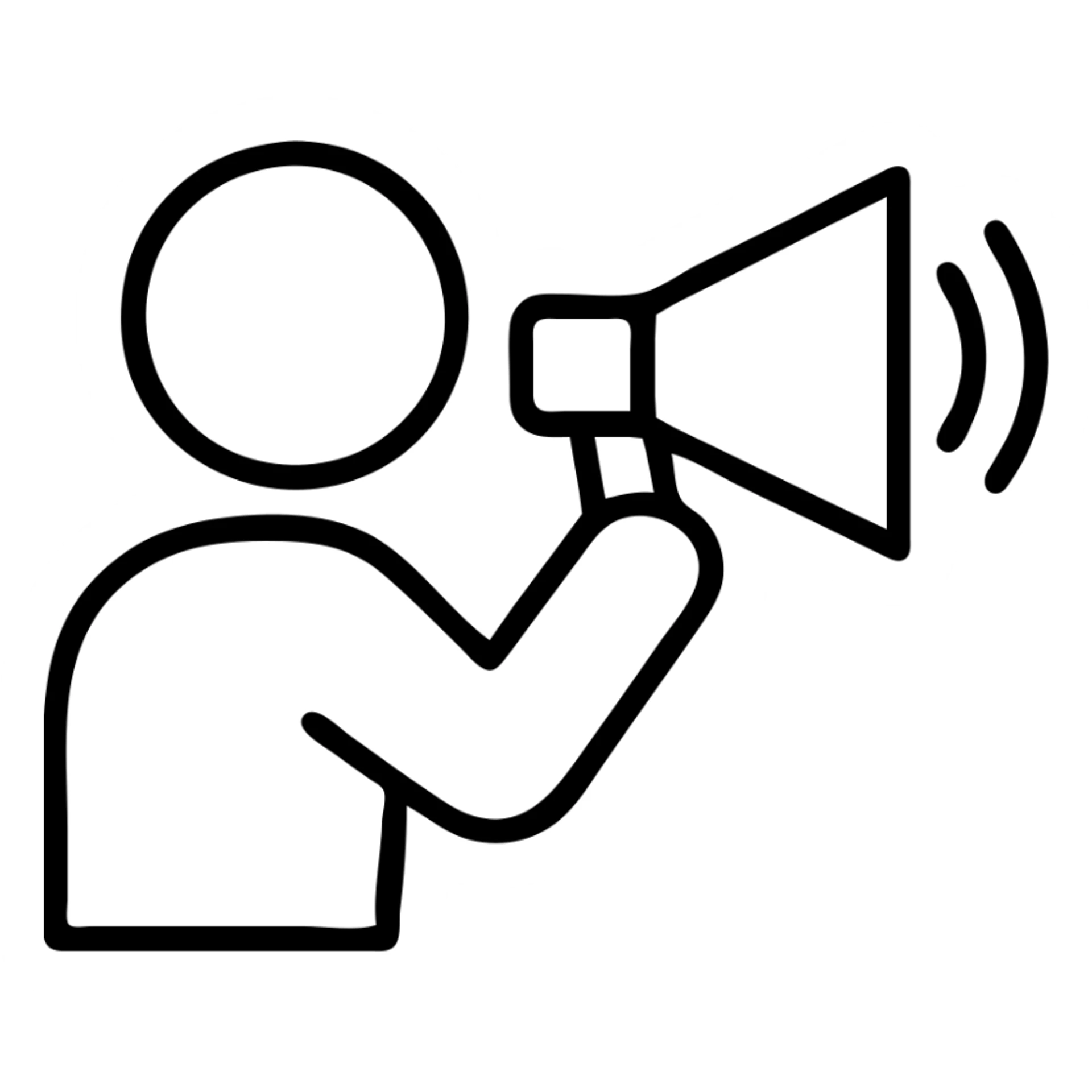 A person speaking loudly with a megaphone in hand, white outline on transparent background sticker