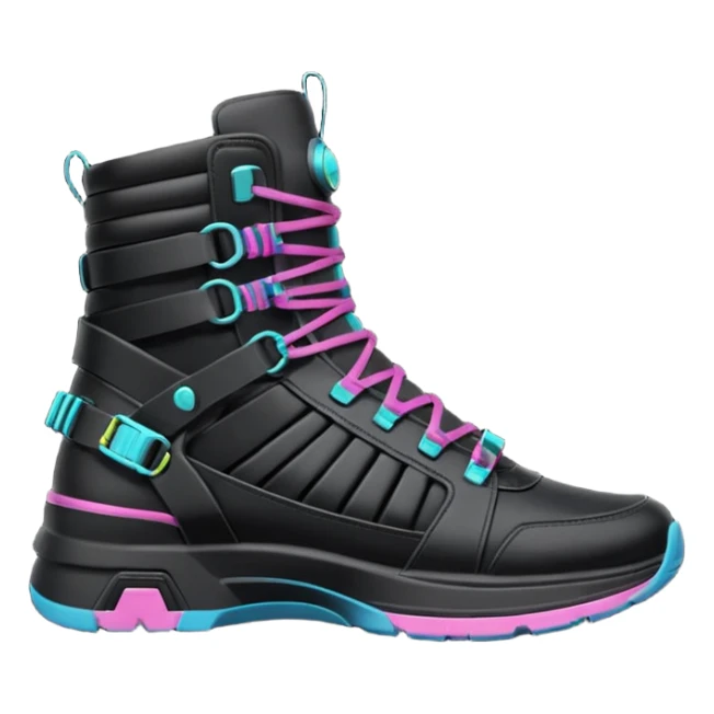 8k quailty, 8000x8000px resolution, highly detailed, ultra realistic, isolated, Women's trendy high top black color sneakers with cyberpunk style shoelaces and cyberpunk style elements, side view, 2D rendering sticker