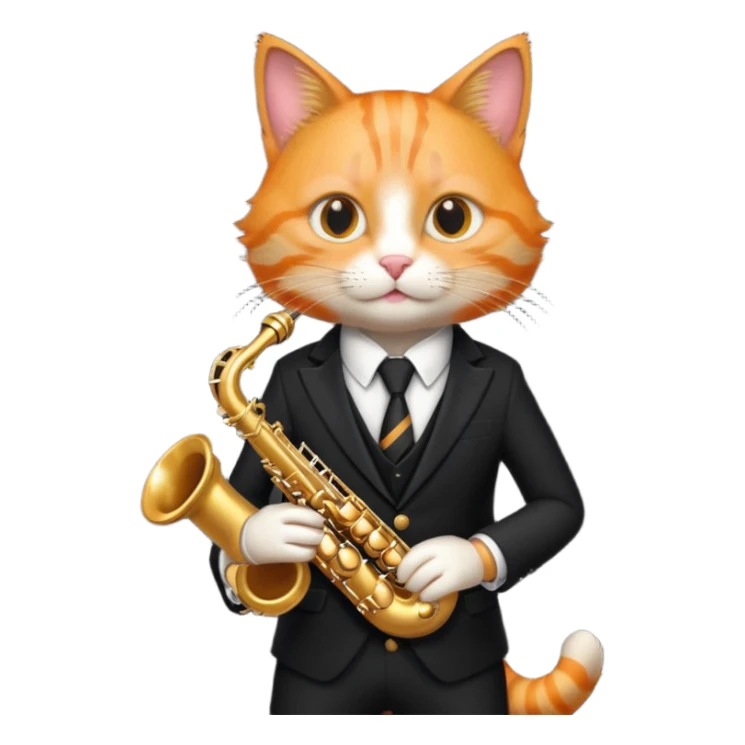 orange cat play gold saxophone, wear black suit sticker