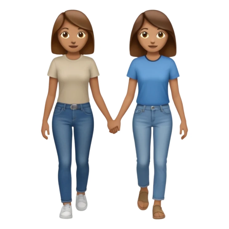 based on emoji style, two people walking together, They are not holding hands. one is brown-haired woman, wearing a shirt,  Another one is a non-binary person, wearing t shirt and jeans, and the second person doesn't have anything on their hands.  sticker