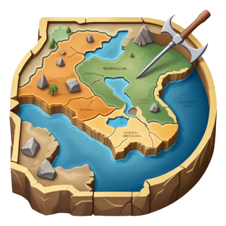 An icon featuring a crowbar and a geological map, and layers of Earth’s crust, symbolizing geology. The design includes mineral samples, fossils, and tectonic plates, representing the study of Earth’s structure and natural processes. Transparent background highlights geological exploration sticker