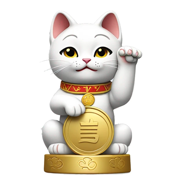 Japanese white maneki neko cat with its right arm raised and its left arm holding a golden koban coin sticker
