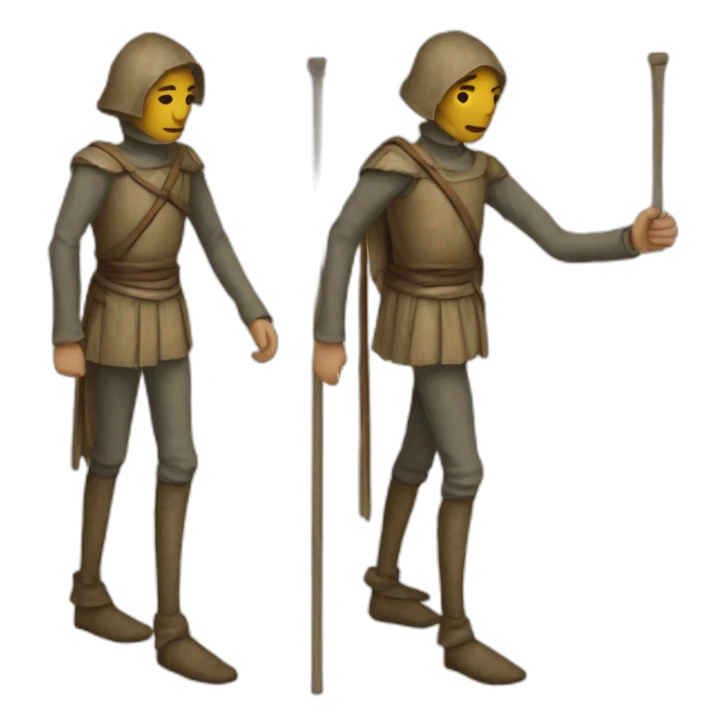 a person walking with stilts on both legs, not using arms, medieval sticker