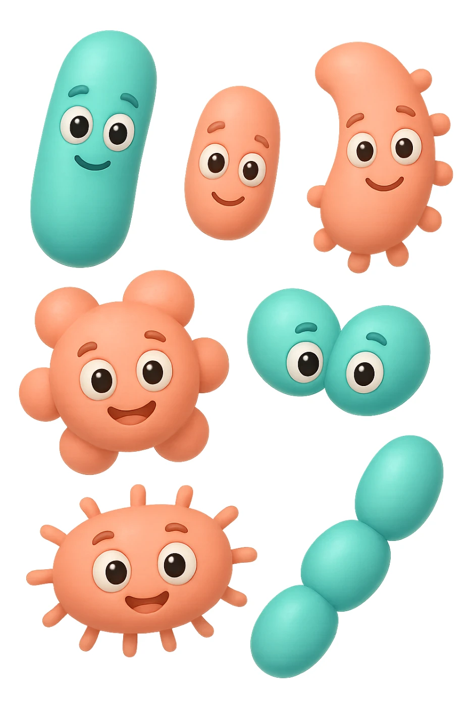 EMOJI STILE IPHONE DI 6 SPECIE DI BATTERI INTESTINALI ROSA SALMONE E TURCHESI DIVERSI TRA LORO PER FORMA, FLUTTUANO IN ARIA, IPERREALISTICO 4K sticker