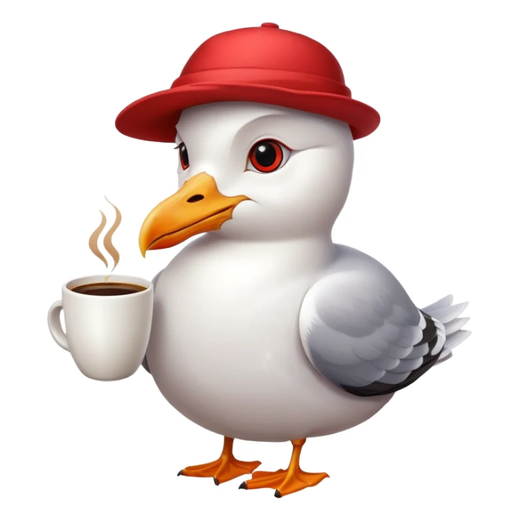 Seagull in cotton red hat with a cup on coffee sticker