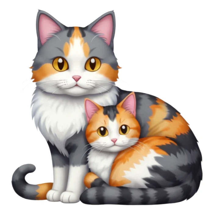 full body large dark grey and white cat cuddling a colourful light patched calico + white tabby cat  sticker