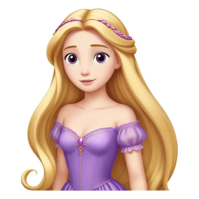 Cinematic Elegant Rapunzel Portrait Emoji, rendered in a realistic, vector-style with minimal shading and bold, simplified shapes. Depict Rapunzel (chest and above) with fair, porcelain skin, long, flowing golden hair cascading gracefully, and soft, gentle eyes, wearing her iconic light purple gown. The image glows with a soft, enchanting radiance and high shine, capturing timeless fairy-tale beauty. sticker