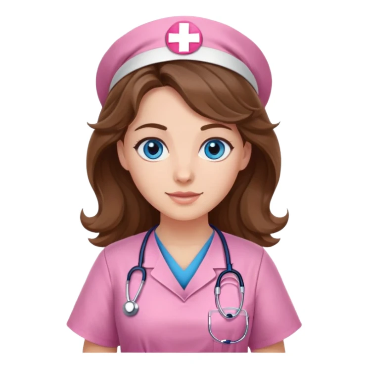 Nurse with wavy brown hair and blue eyes, pink tunic sticker