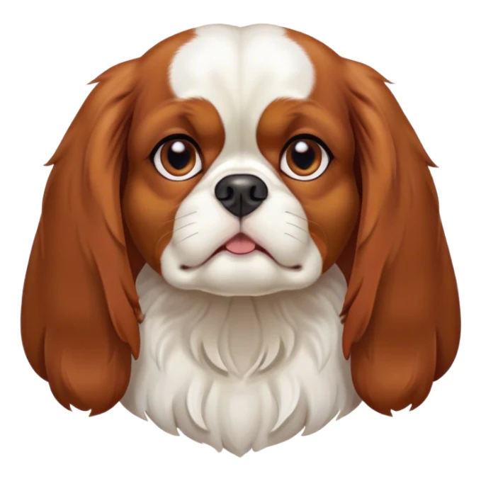 Cinematic Grumpy Blenheim Cavalier King Charles Spaniel Portrait Emoji, Head tilted slightly with a deeply unimpressed expression, thick Blenheim coat with pronounced chestnut and white markings, large, droopy brown eyes narrowed into an unamused glare, ears slightly drooping in exasperation, Simplified yet comically expressive features, highly detailed, glowing with a dry, sarcastic glow, high shine, effortlessly judgmental yet dignified, stylized with a touch of cynicism, bright but brooding, soft glowing outline, capturing the essence of an eternally unimpressed yet endearing companion, so lifelike it feels like it could sigh heavily at you in disdain at any moment! sticker