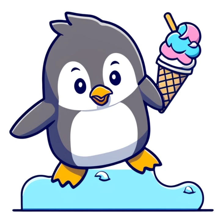 Clumsy penguin slipping on ice with ice cream cone sticker