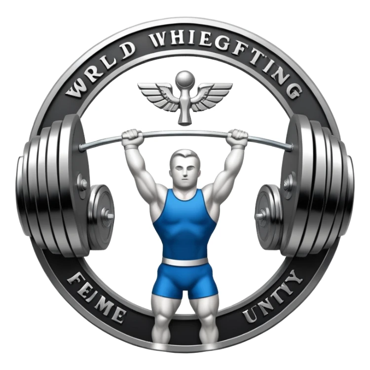 An emblem representing the World Weightlifting Federation with a stylized barbell and global elements. Bold text and clean lines symbolize strength, unity, and competition. Modern, dynamic design with a transparent background. sticker