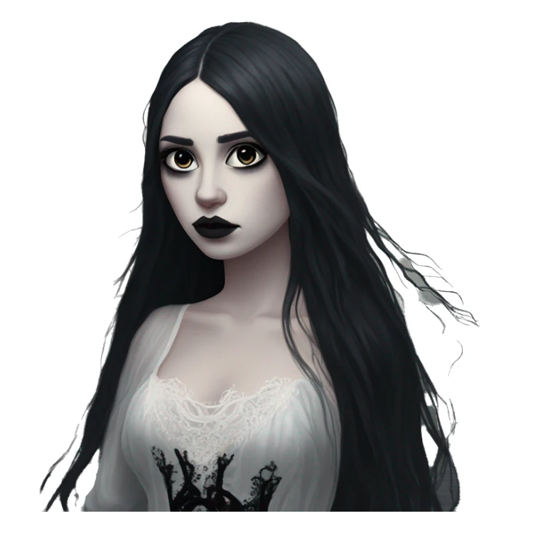 Dramatic girl  goth white pale with dark lighting  with black hair  in river with very very long lace dress  black long hair flying in the wind sad face  white eyes sticker