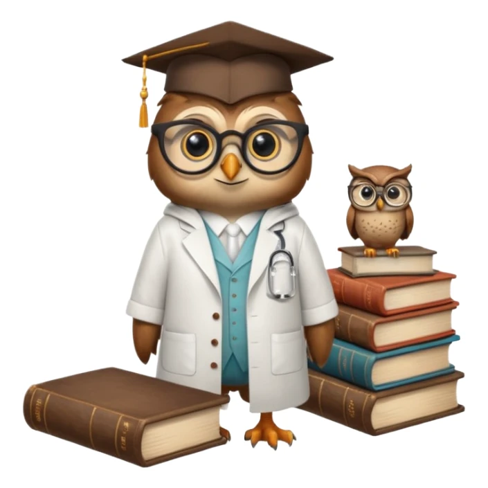 Wise bird with glasses, wearing a lab coat, perched on a stack of books. sticker