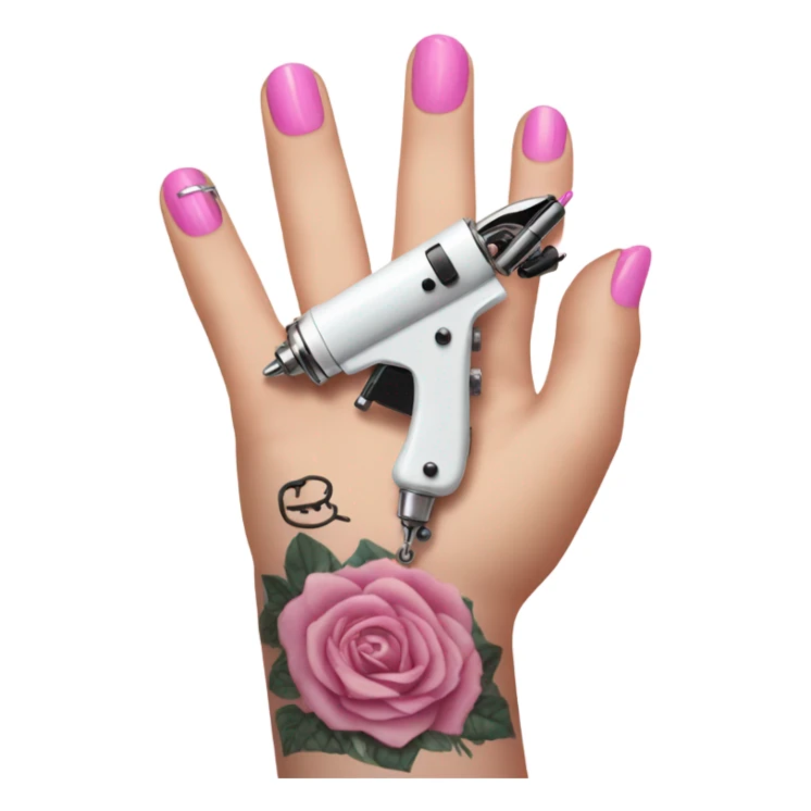 White girl hand with pink nails holding a tattoo machine sticker