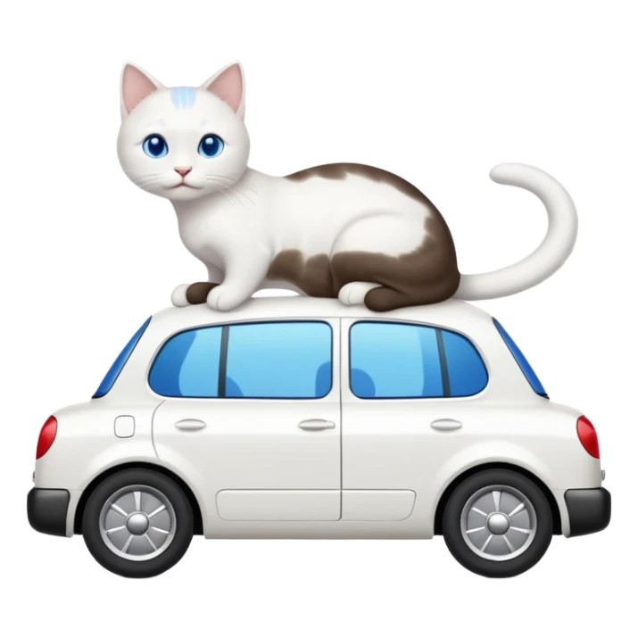 Please create a small emoji the size of 🚗 featuring a pure white cat with short tail with blue eyes on a white saloon car viewed from side. Again it is necessary that the emoji must be extremely small, much smaller than a standard sized sticker. sticker